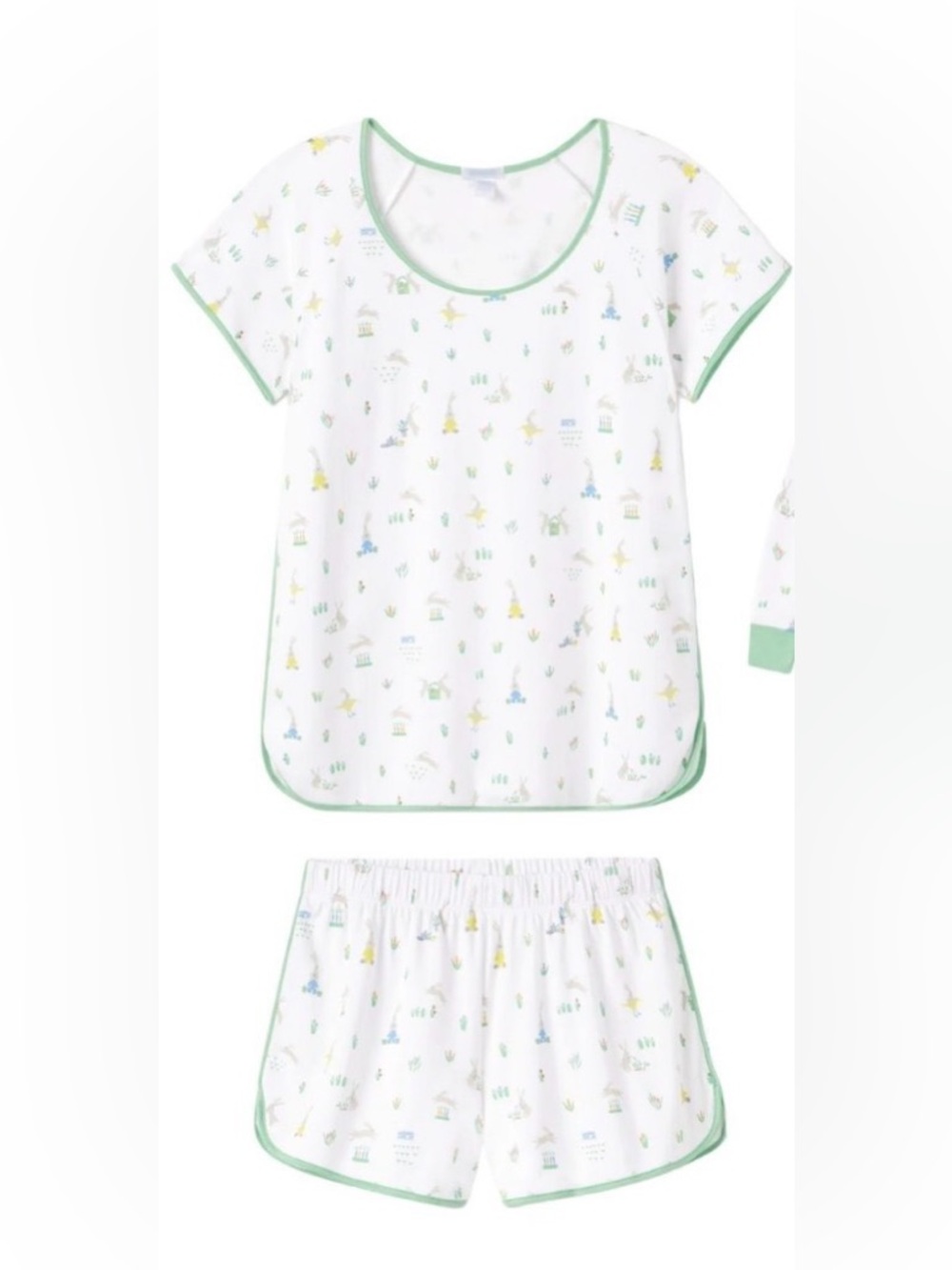 LAKE Pima Cotton Bunny Print Pajama Set White Green Shorts Set Size S